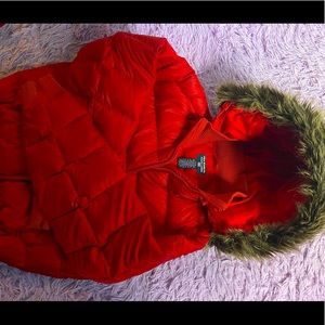 Red…. Medium.. Boy or Girl… Polo Jacket with hoodie that can zip off…